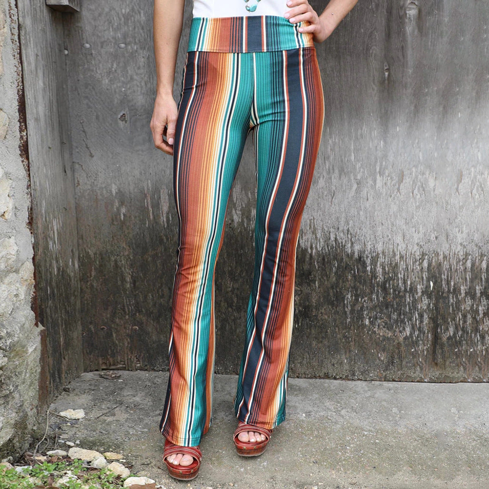 Fashion Print Tight High Waist Casual Pants Flared Pants - Green - 4