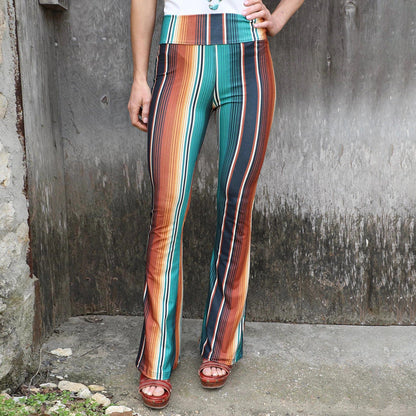 Fashion Print Tight High Waist Casual Pants Flared Pants - Green - 4