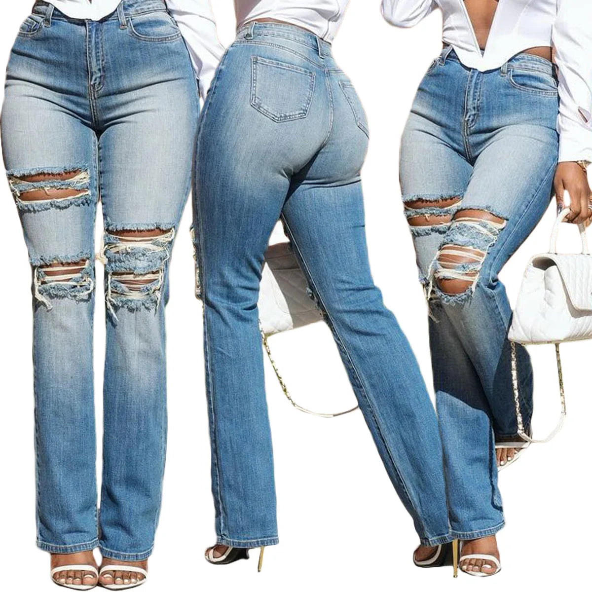 Stretch Slim Fit Ripped Washed Denim Jeans Pants for Women