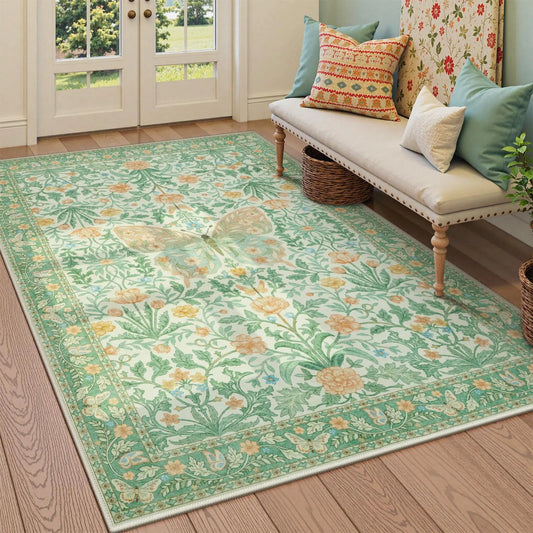 Green Floral Butterfly Rug Soft Non-Slip Washable Large Rug - Kia Day Design