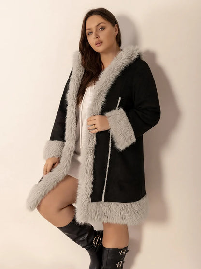 Plus Size Fuzzy Trim Open Front Long Sleeve Hooded Coat - -