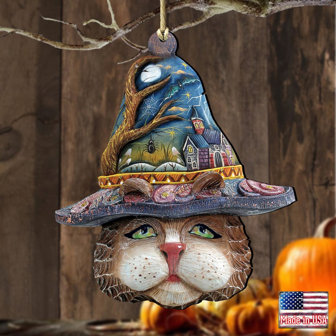 Halloween Eve Cat Wooden Ornaments by G. DeBrekht - Thanksgiving Halloween Decor - 8161039 - - Wooden Ornaments