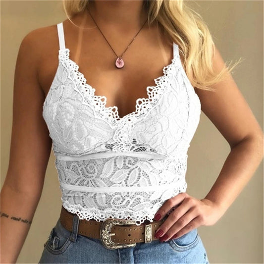 Women's Lace Floral Cami Top Plunge Crop Top Adjustible Straps