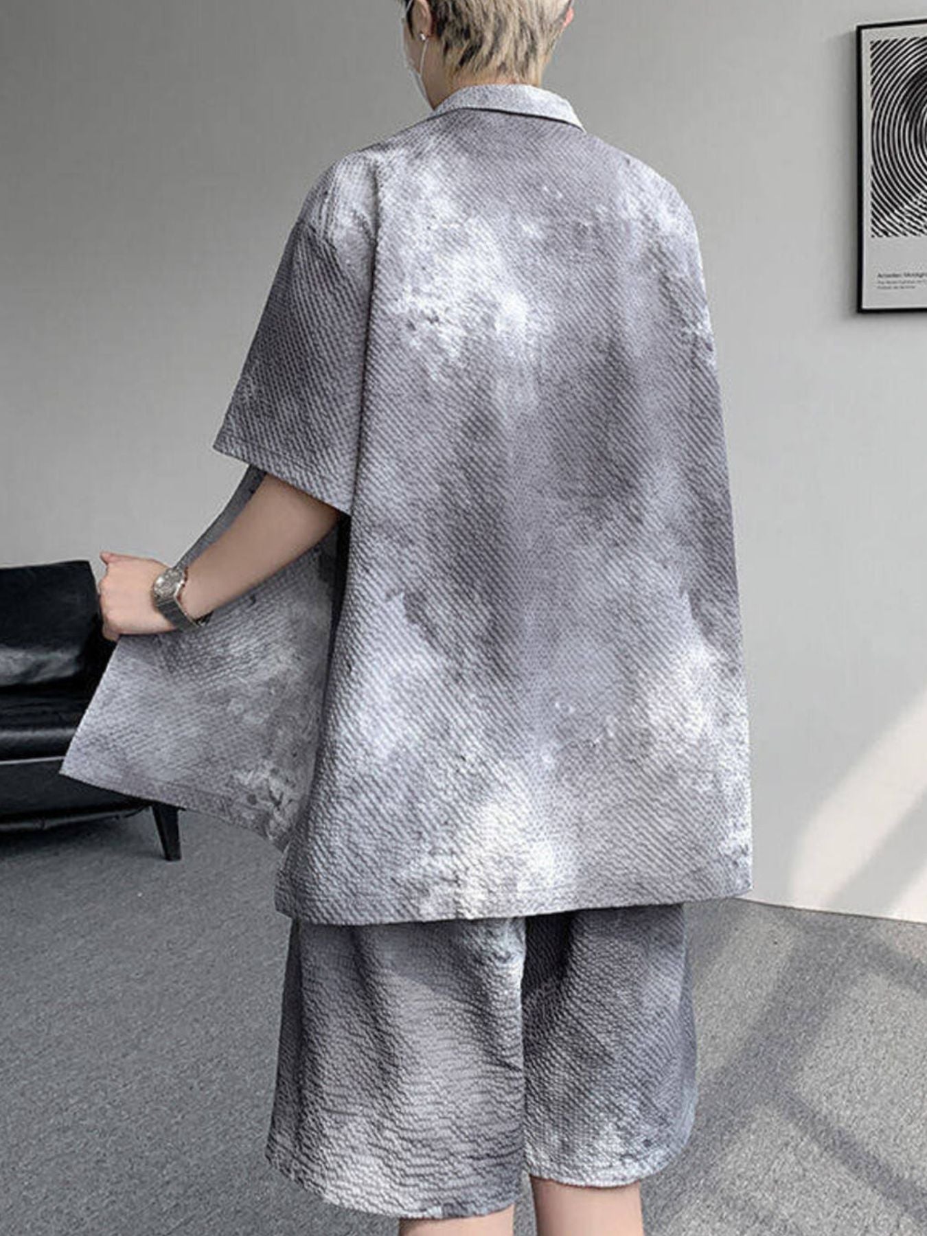 Men's Plus Size Tie-Dye Print Shirt and Shorts Set - -