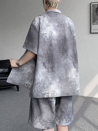 Men's Plus Size Tie-Dye Print Shirt and Shorts Set - -
