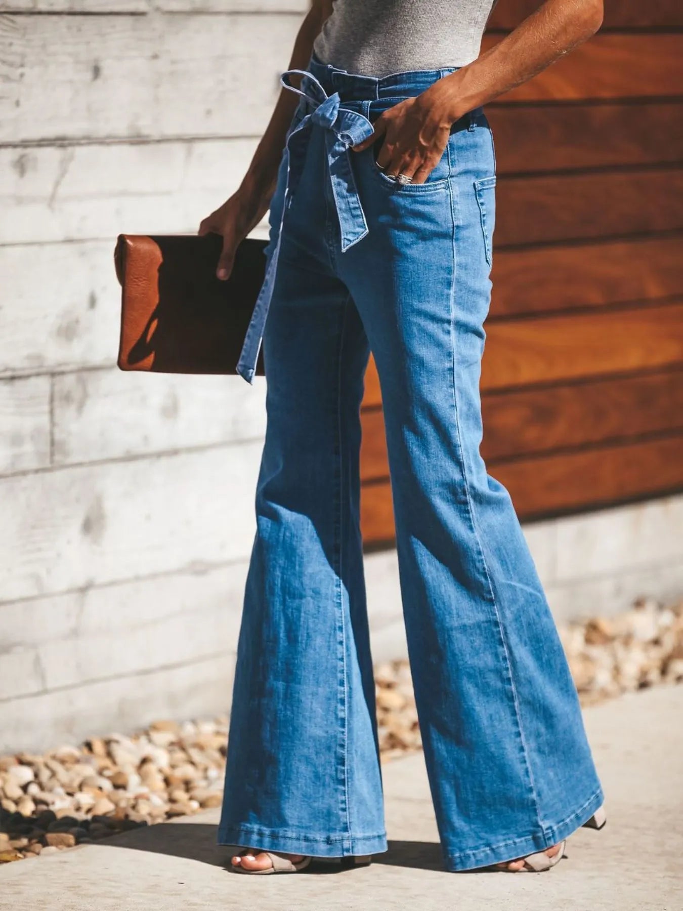 High-Waisted Tie-Front Flare Jeans - -