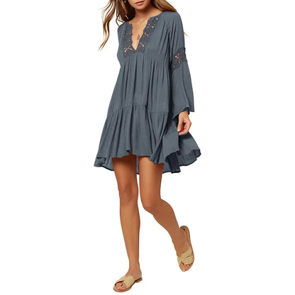 V-Neck Long Sleeve Women Dress Loose Chiffon Blouse