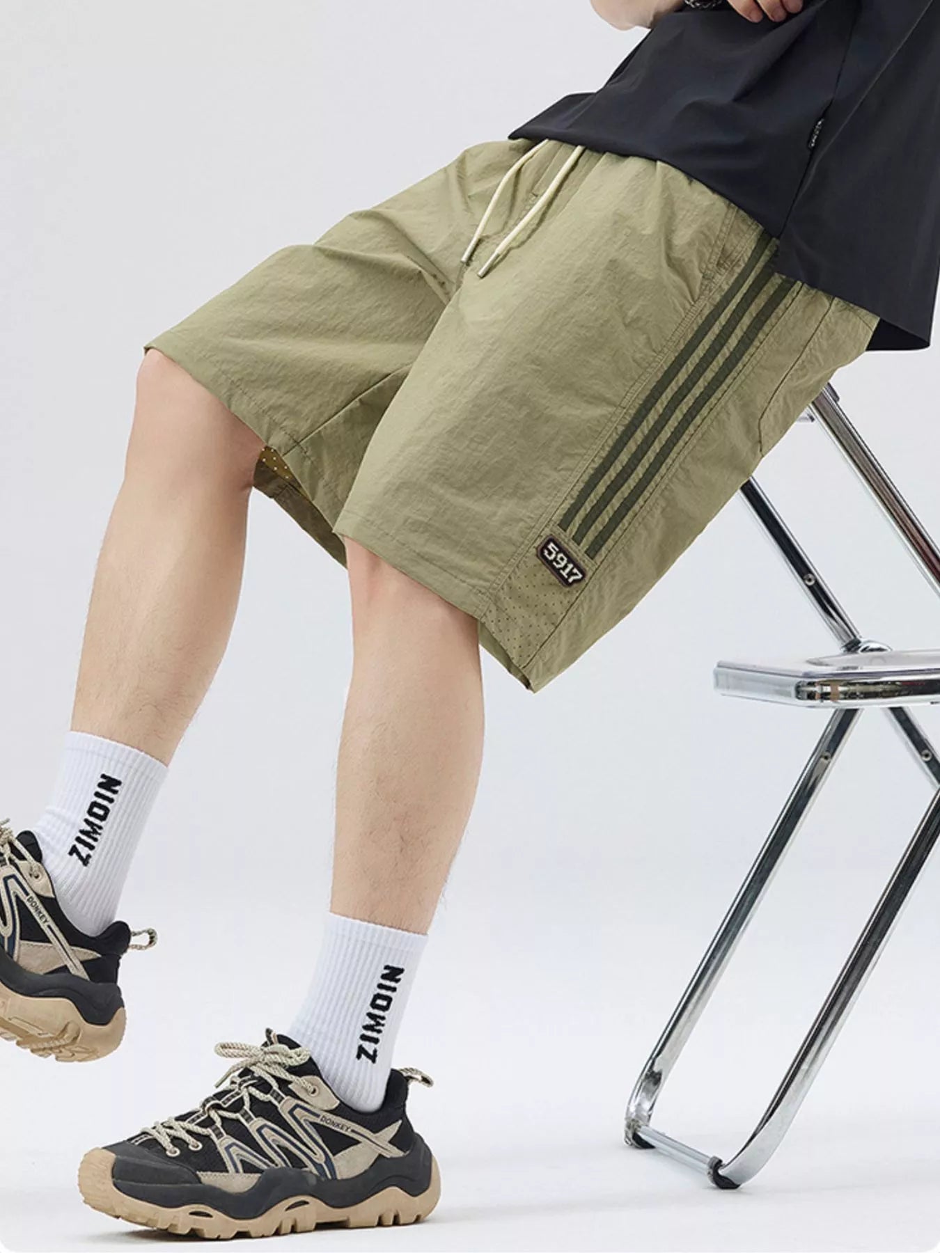 Men's Full Size Casual Loose-Fit Drawstring Shorts with Stripe Detail Plus Size - Light Green -