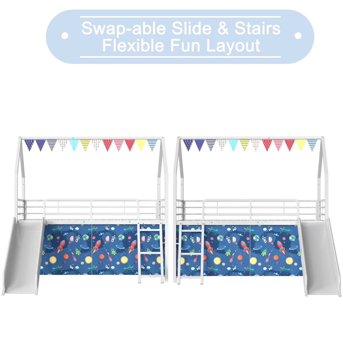 Jack - House Loft Bed With Slide And Curtain Set- HouseOfZazla- {{Product type}}