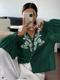 Embroidered Notched Long Sleeve Blouse - Dark Green -