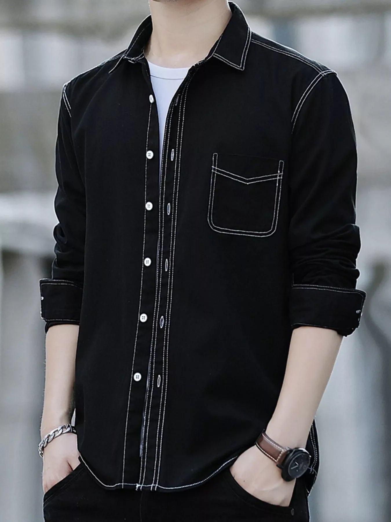 Men's Full Size Button Up Long Sleeve Shirt Plus Size - -