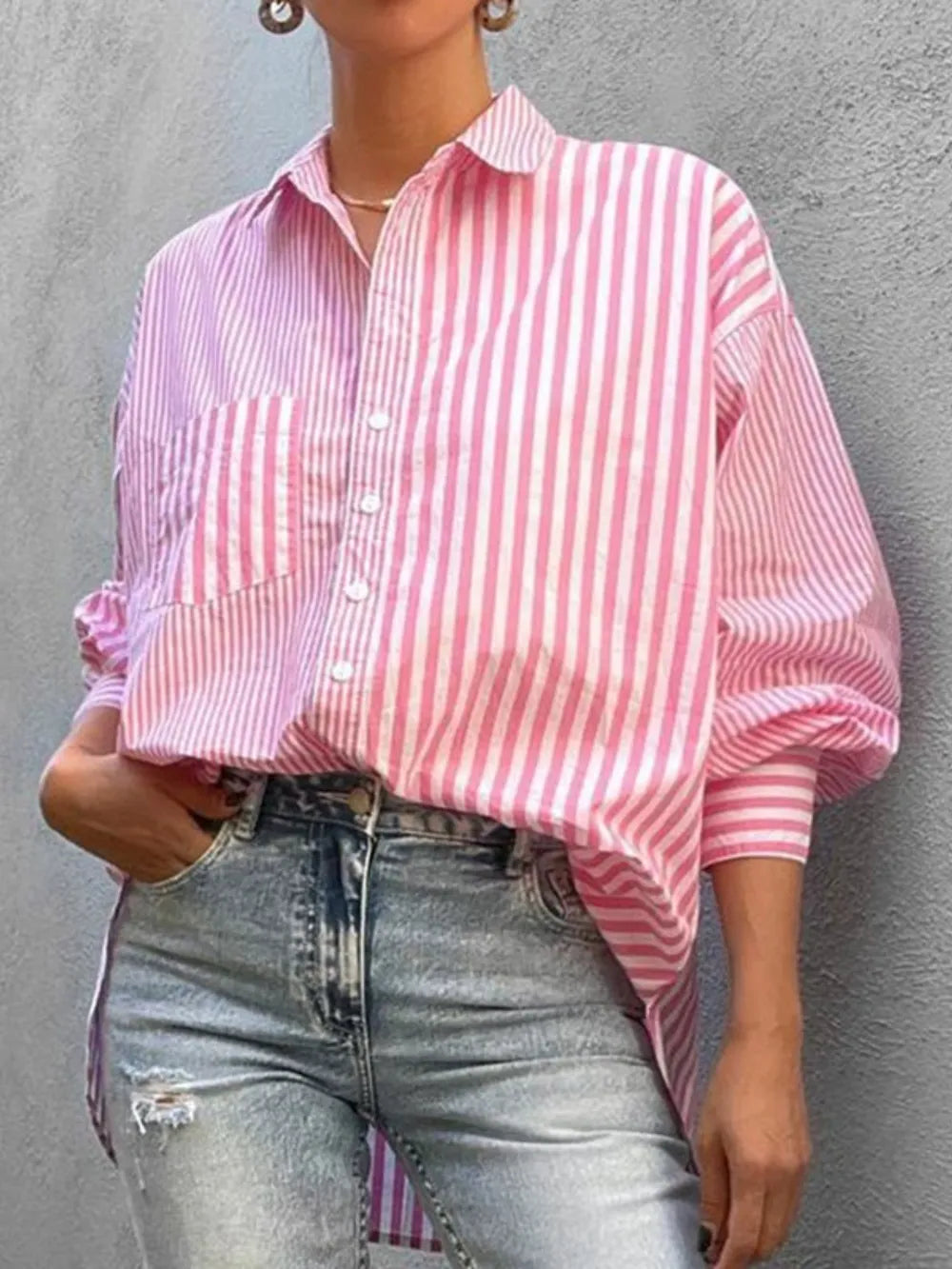 Striped Button Down Long Sleeve Shirt - -