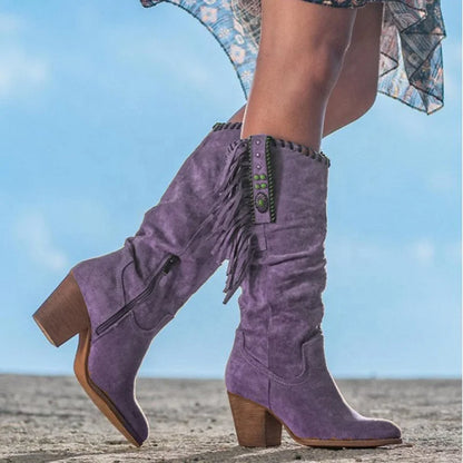 Women Shoes Western Cowgirl Suede Tassel Boots