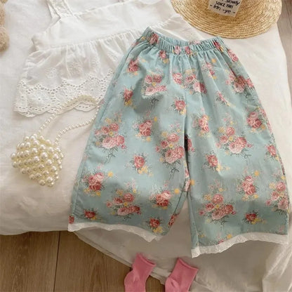 Floral Pants with Cotton Lace Cropped Pants