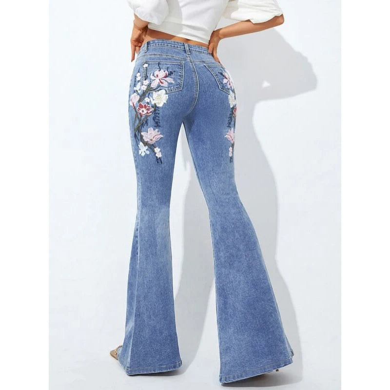 Stretch Floral Embroidery Jeans for Women