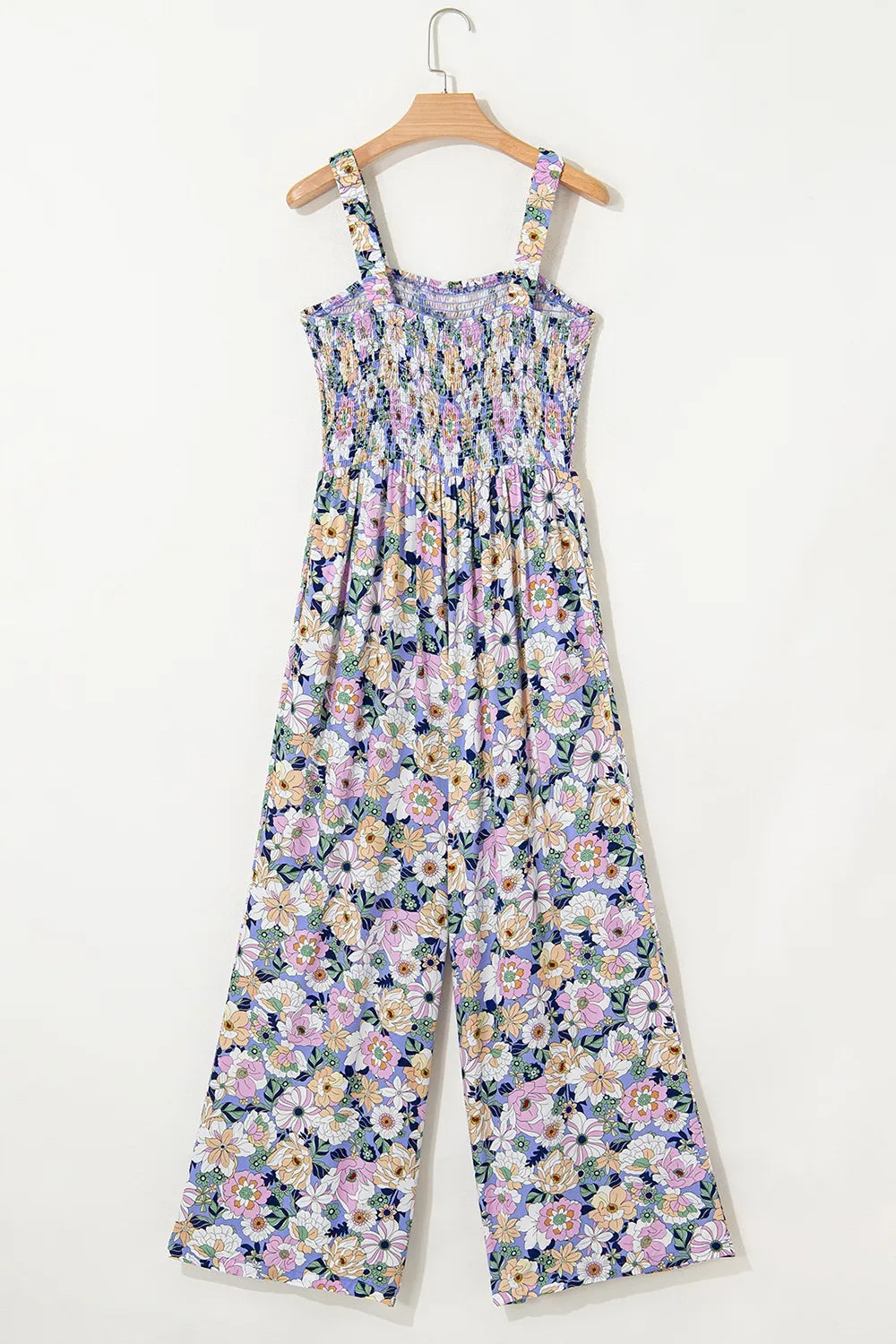 Floral Print Smocked High Waist Square Neck Jumpsuit - -