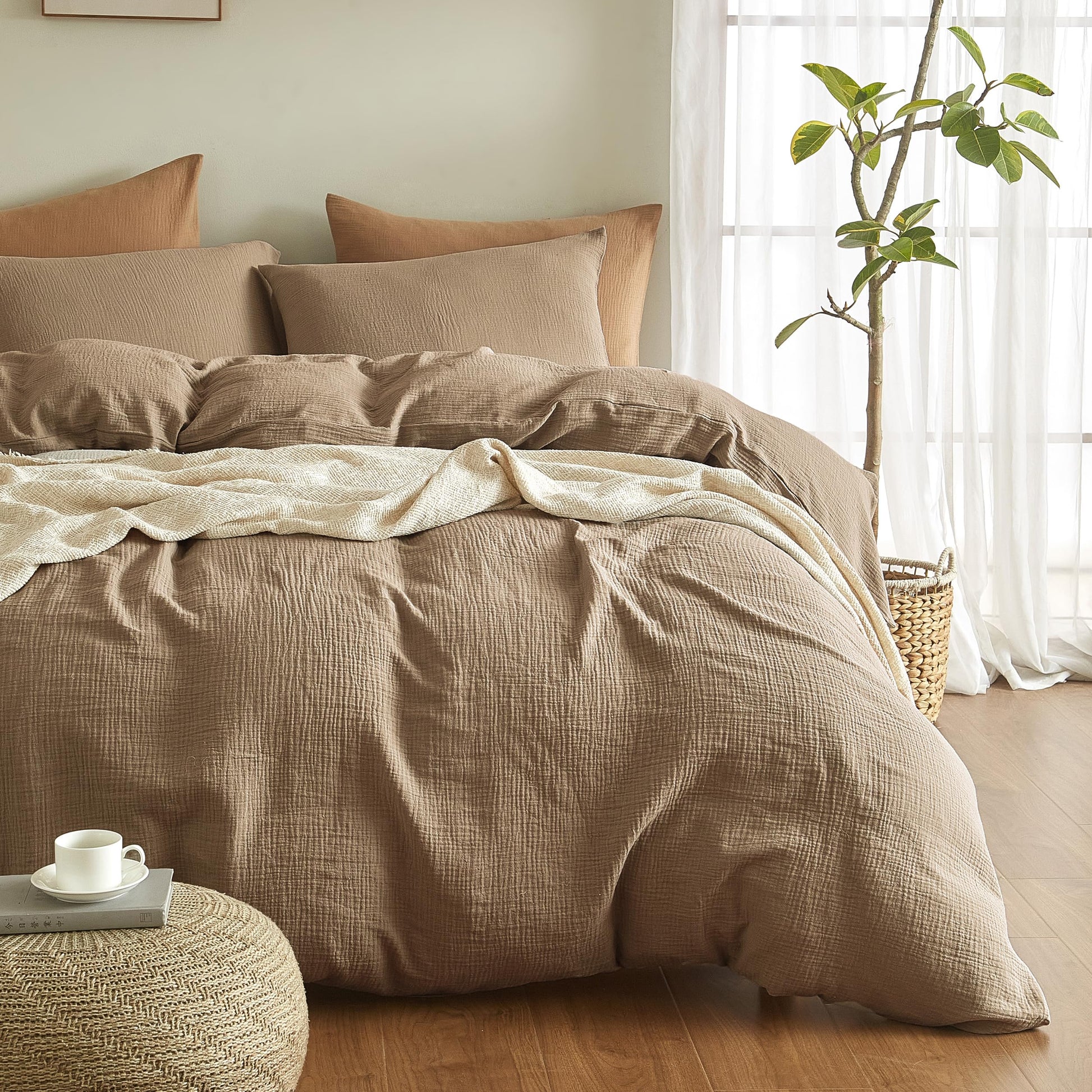 PURECOTTON Soft-Wash Queen Duvet Set – Muslin 3-Piece in Light Brown - D-light Brown Queen - duvet set