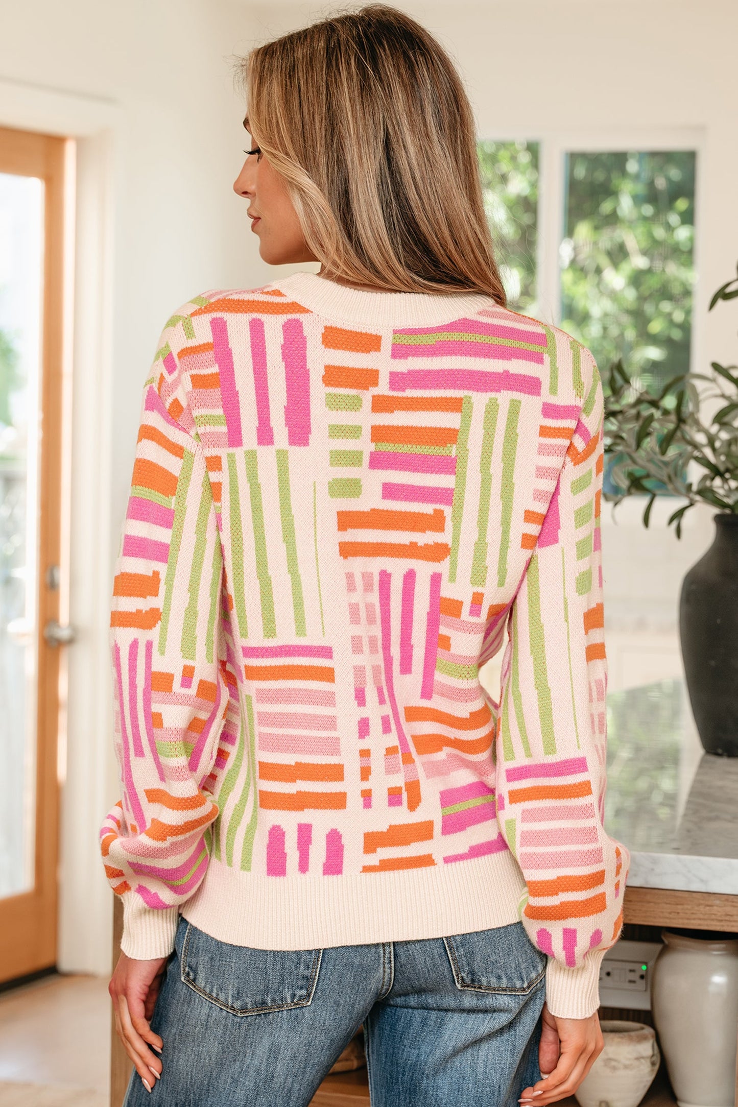 Rose Love Lines Pattern Crew Neck Puff Sleeve Sweater - - Sweaters & Cardigans/Sweaters