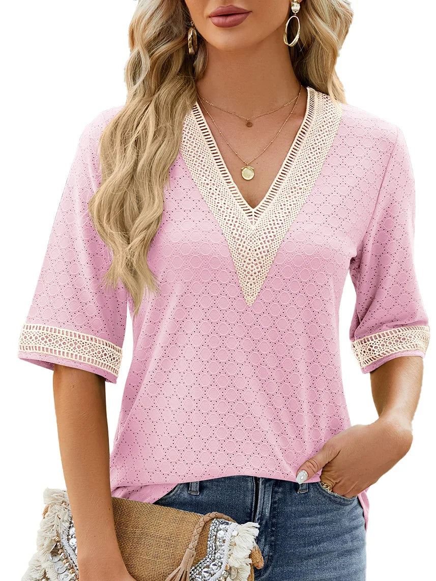 Solid Color Pullover V-Neck Lace Panel Mid Sleeve Shirt