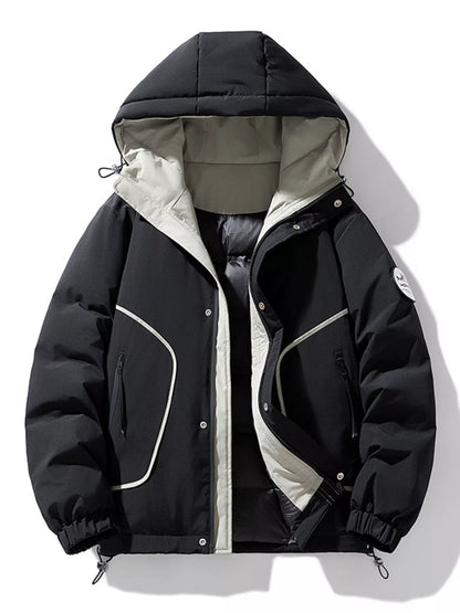 Men's Plus Size Contrast Hooded Puffer Jacket - Black -
