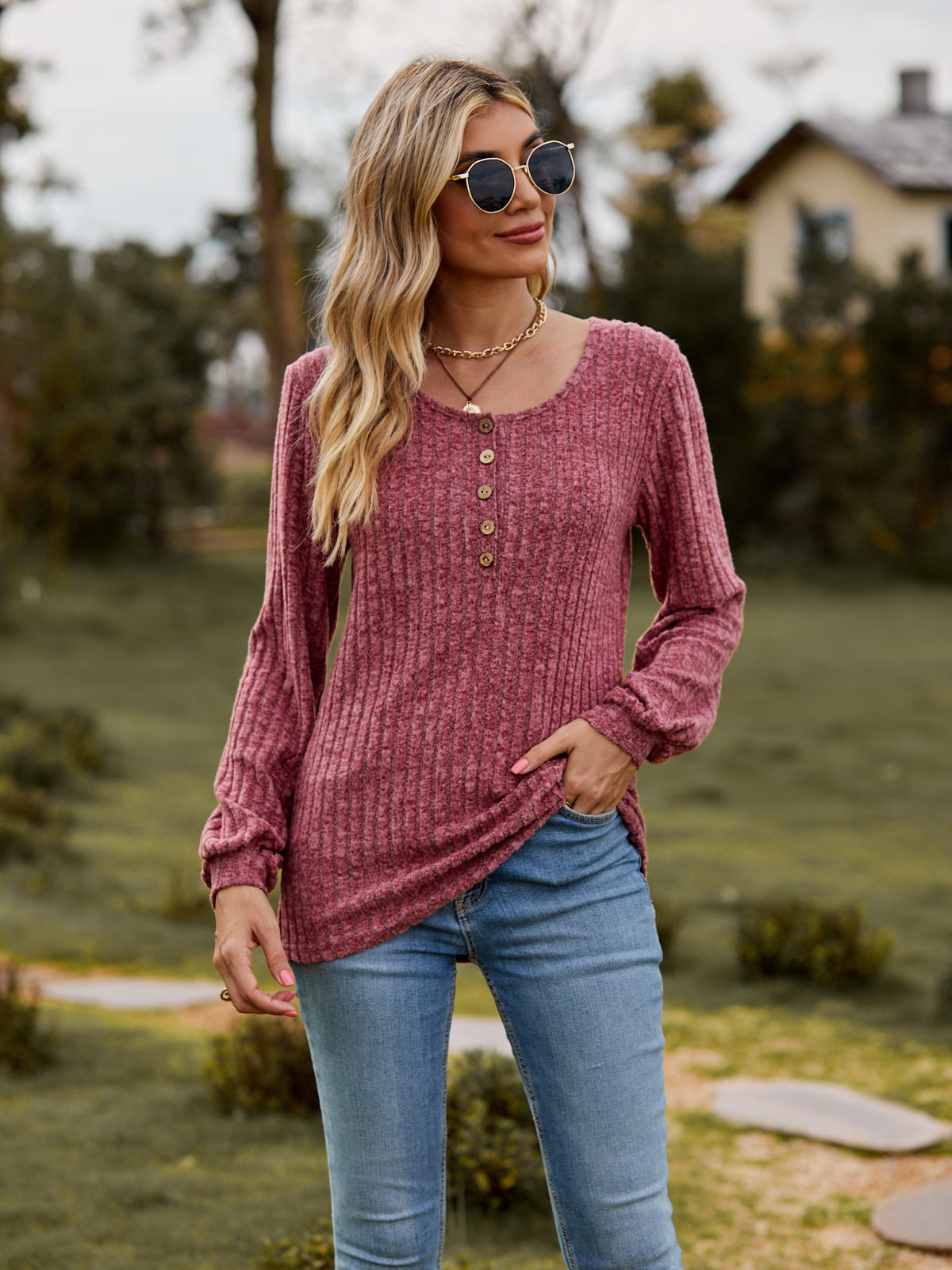 Round Neck Button-Down Long Sleeve Tee - -