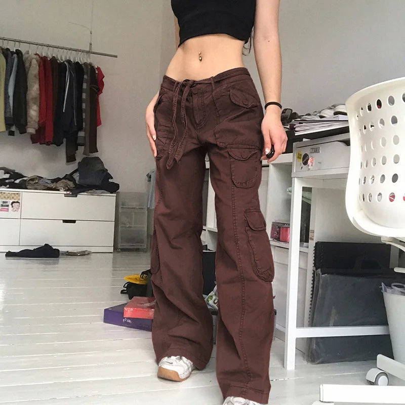 Y2K Pockets Cargo Pants Straight Oversize Pants Low Waist Wide Leg Baggy Jeans