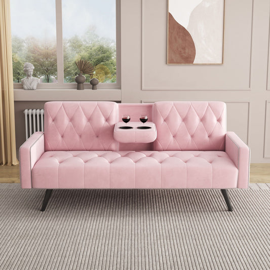 Pink Sofa Bed With Nail Head Trim And Cup Holders - - Futon Sofas