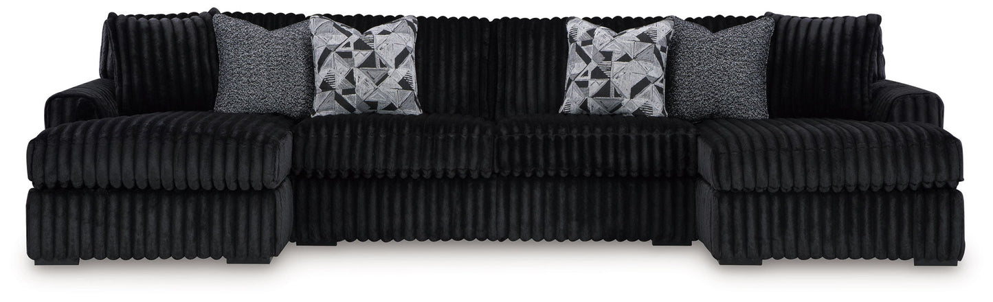 Midnight-Madness - Sectional - Black 3 Pc. Double Chaise Sectional - Stationary Sectionals