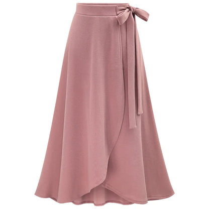 Womens Vintage Slit Long Skirts Jupe High Waist Bowtie Skirt Saia Casual