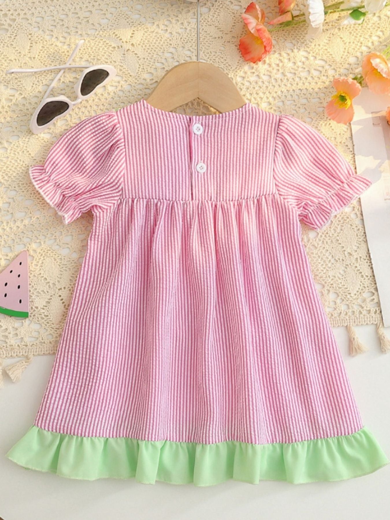 Children's Fruit Embroidered Striped Short Sleeve Dress - -