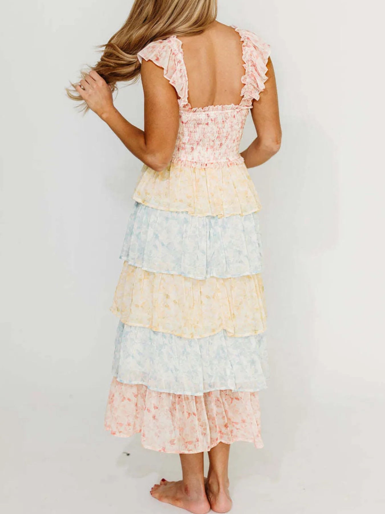 Smocked Ruffle Layered Floral Midi Dress - -