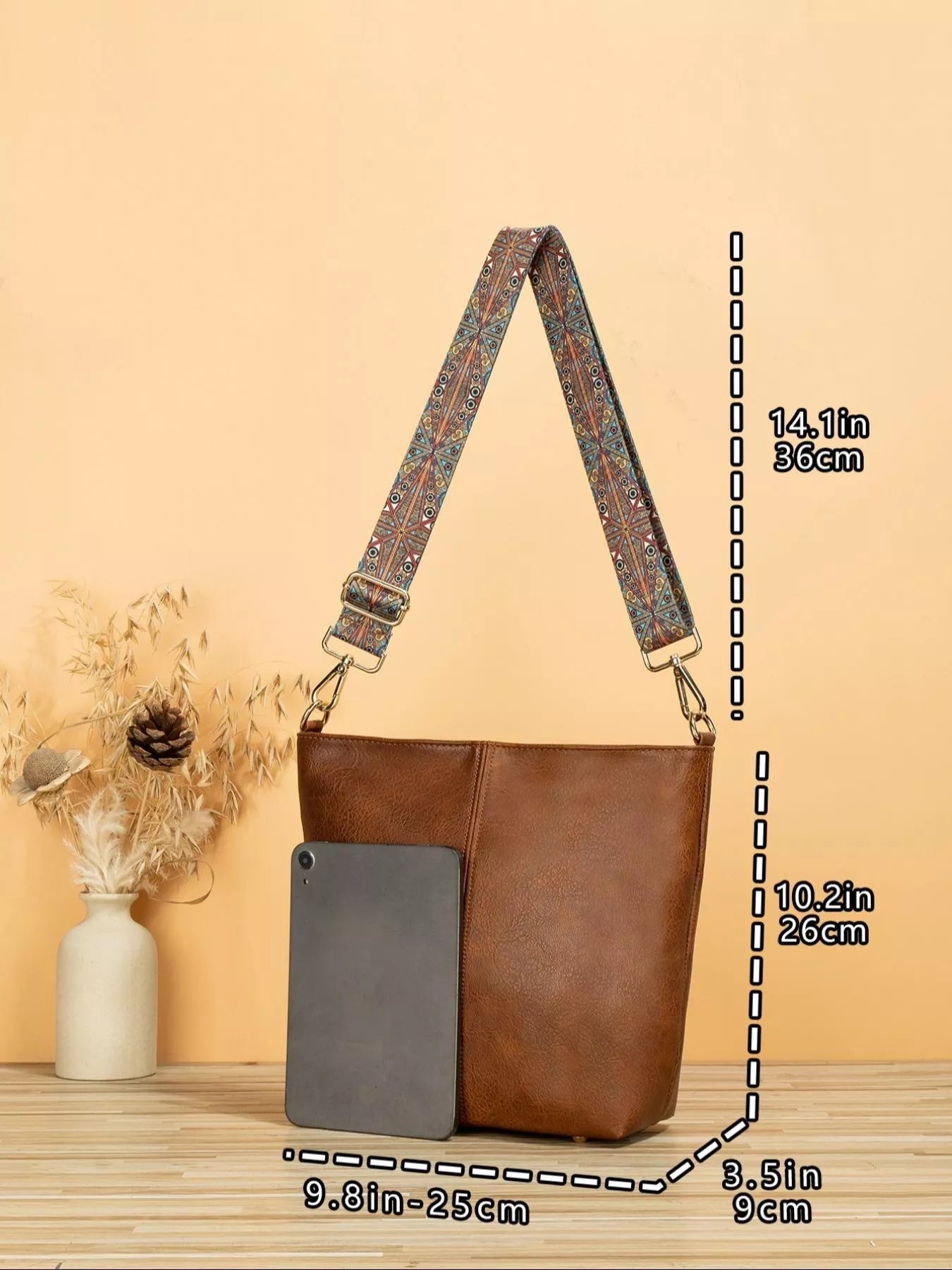 PU Leather Crossbody Bag with Patterned Strap - -