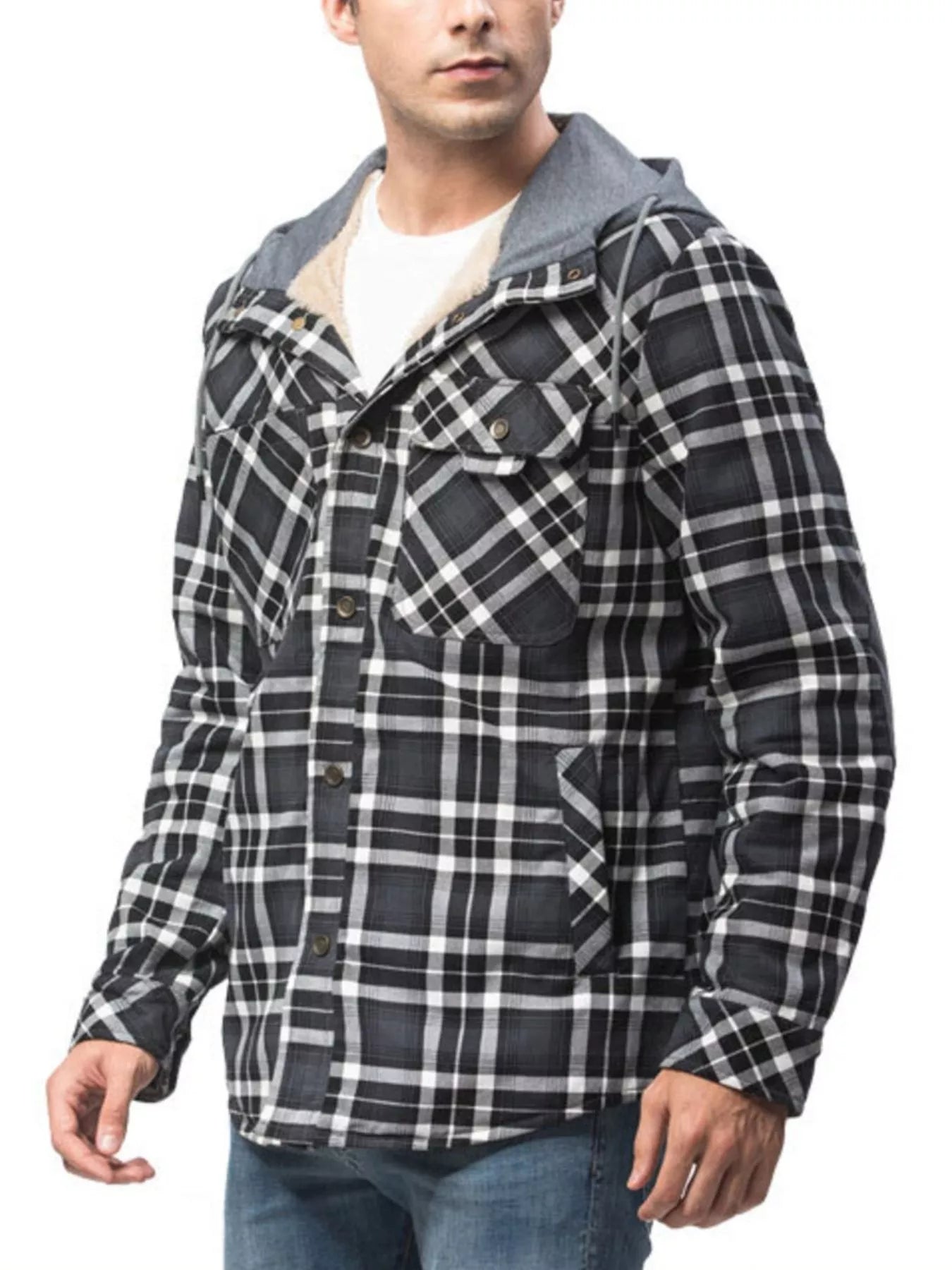 Men's Snap Down Plaid Flannel Hooded Jacket - -