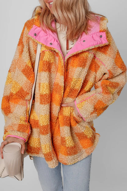Checkered Long Sleeve Sherpa Hooded Jacket - -