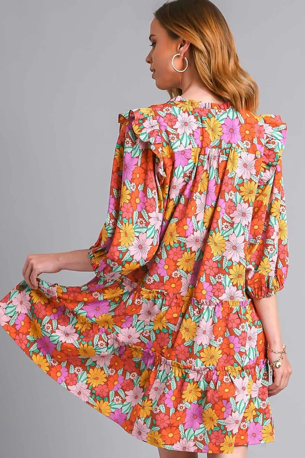 Umgee Full Size Ruffled Flower Print Tie Neck Tiered Dress Plus Size - -