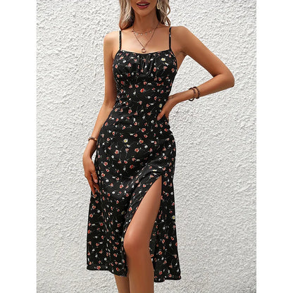 Floral Print Spaghetti Straps Dresses Summer Dress Square Neck Slit Dress