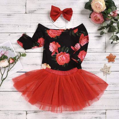 Spring Autumn Off-Shoulder Elastic Floral Dress - - outfit