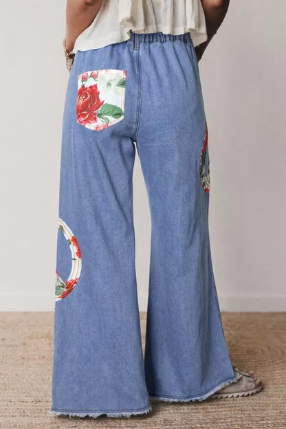 Floral Peace Sign Wide Leg Jeans - -