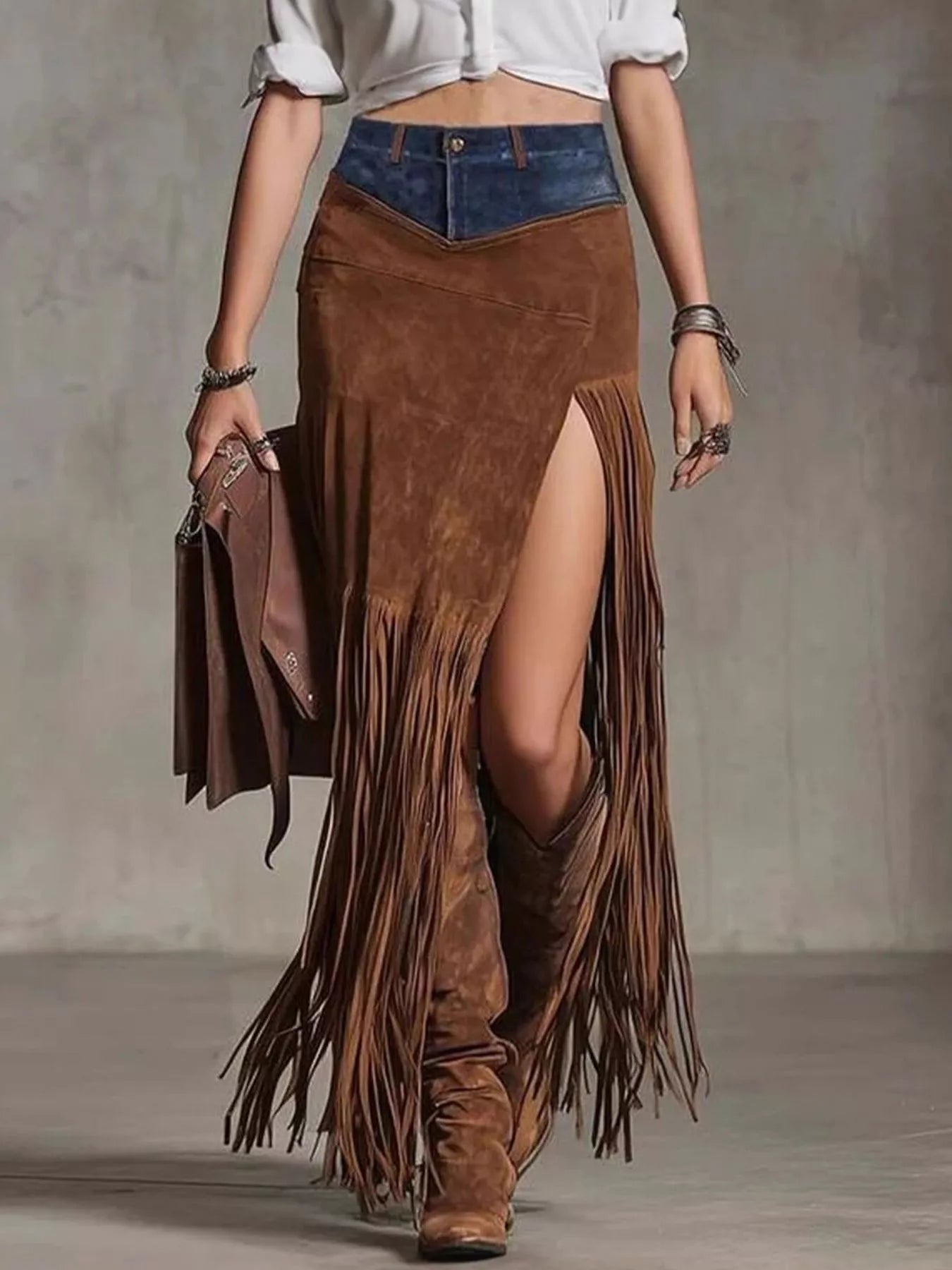 Denim Patchwork Fringe Maxi Skirt - Brown -