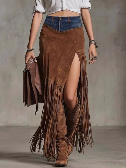Denim Patchwork Fringe Maxi Skirt - Brown -