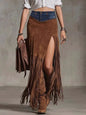 Denim Patchwork Fringe Maxi Skirt - Brown -