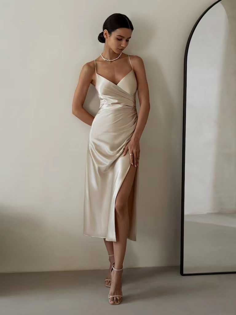 Halter Backless Slit Dress - Champagne L - dress
