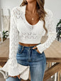 Openwork Collared Neck Long Sleeve Knit Top - White -