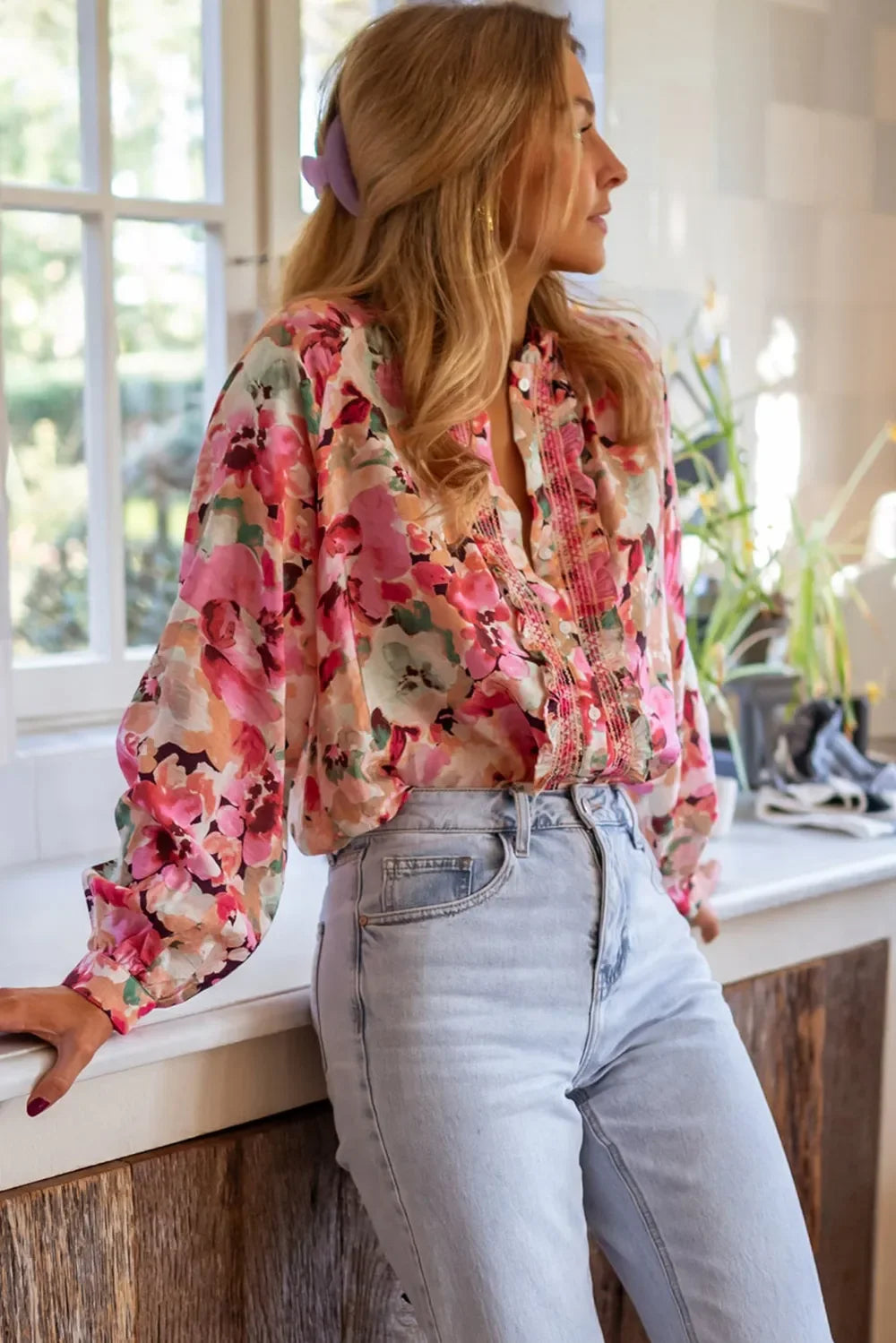 Frill Floral Button Down Long Sleeve Shirt - -