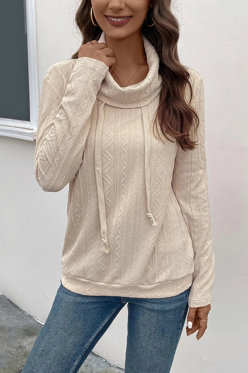 Perfee Tied Mock Neck Long Sleeve Knit Top - -