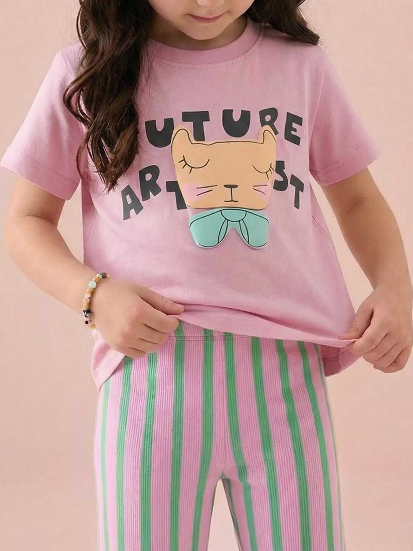 Children's Cat Graphic Round Neck T-Shirt - Pink -