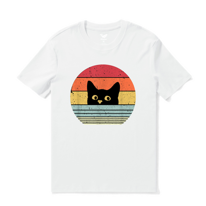 Cotton Retro Cat Tee Crew Neck - - Tee Shirts