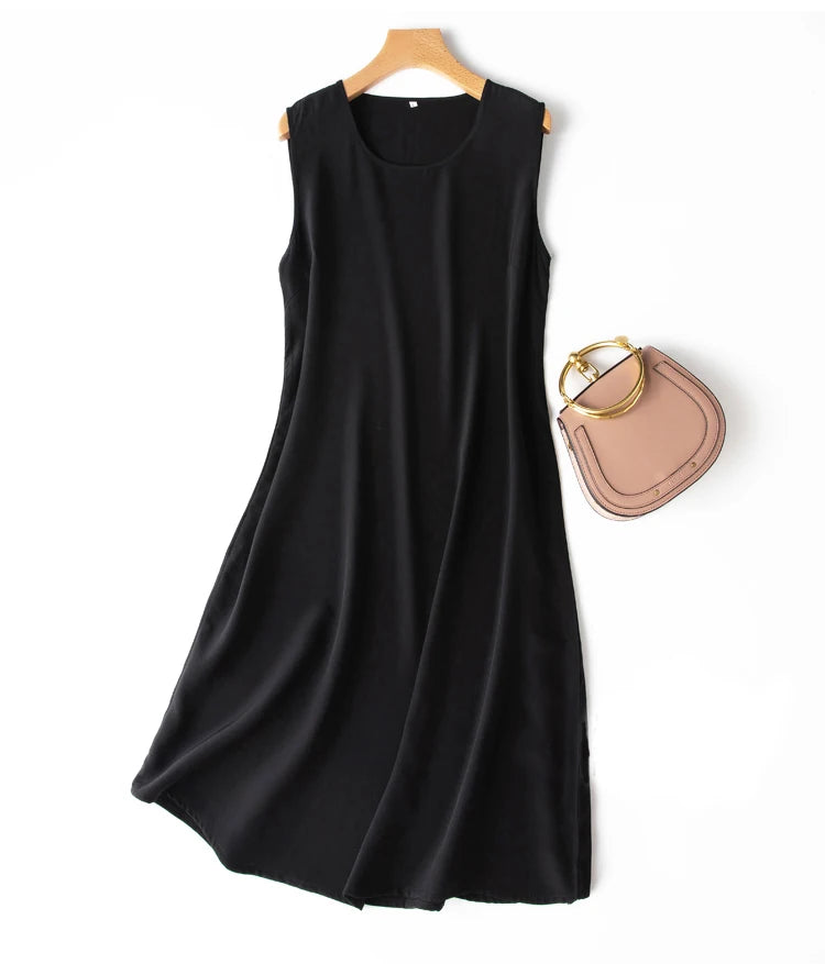 Silk Dress Crepe Dechine Solid a Line Sleeveless O Neck Tank Dresses