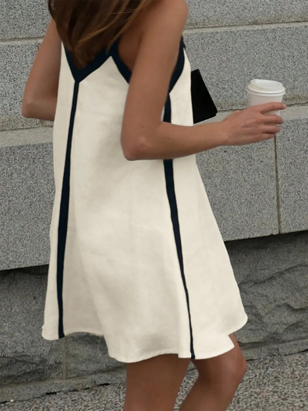 Contrast Trim V-Neck Mini Cami Dress - -