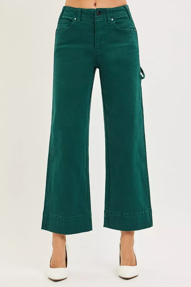 RISEN Tummy Control High Rise Crop Wide No Waist Band Pants - - jeans